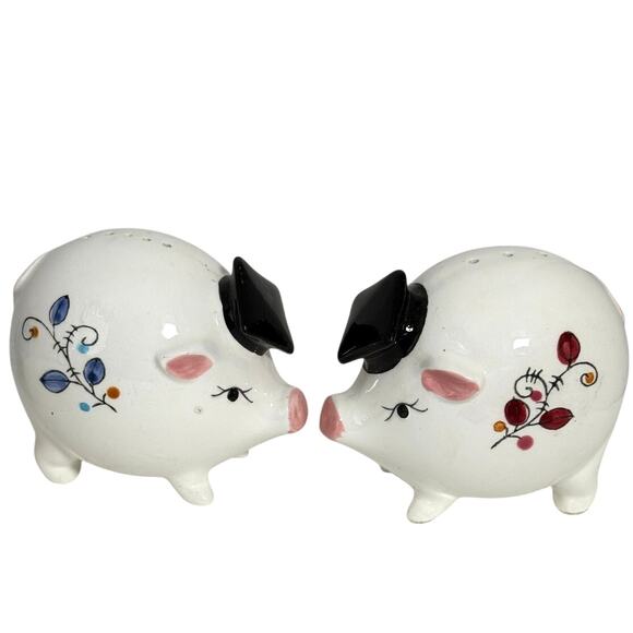 Lot 4 Pigs Ceramic Salt Pepper Shakers Vintage Plaid Tray Bling Grad Fridge - Picture 7 of 9